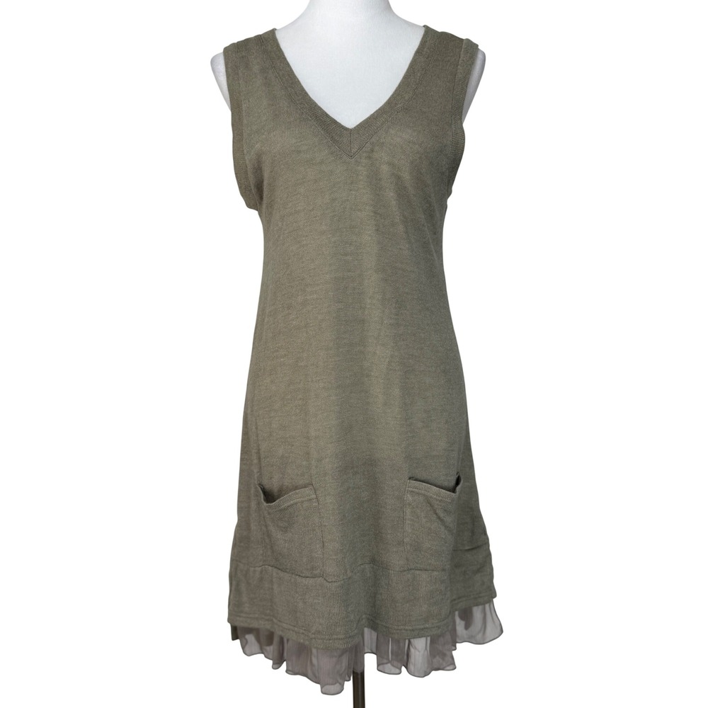 Blue Bird Women's Cotton Blend Dress L Taupe Button Back Ruffle Hem